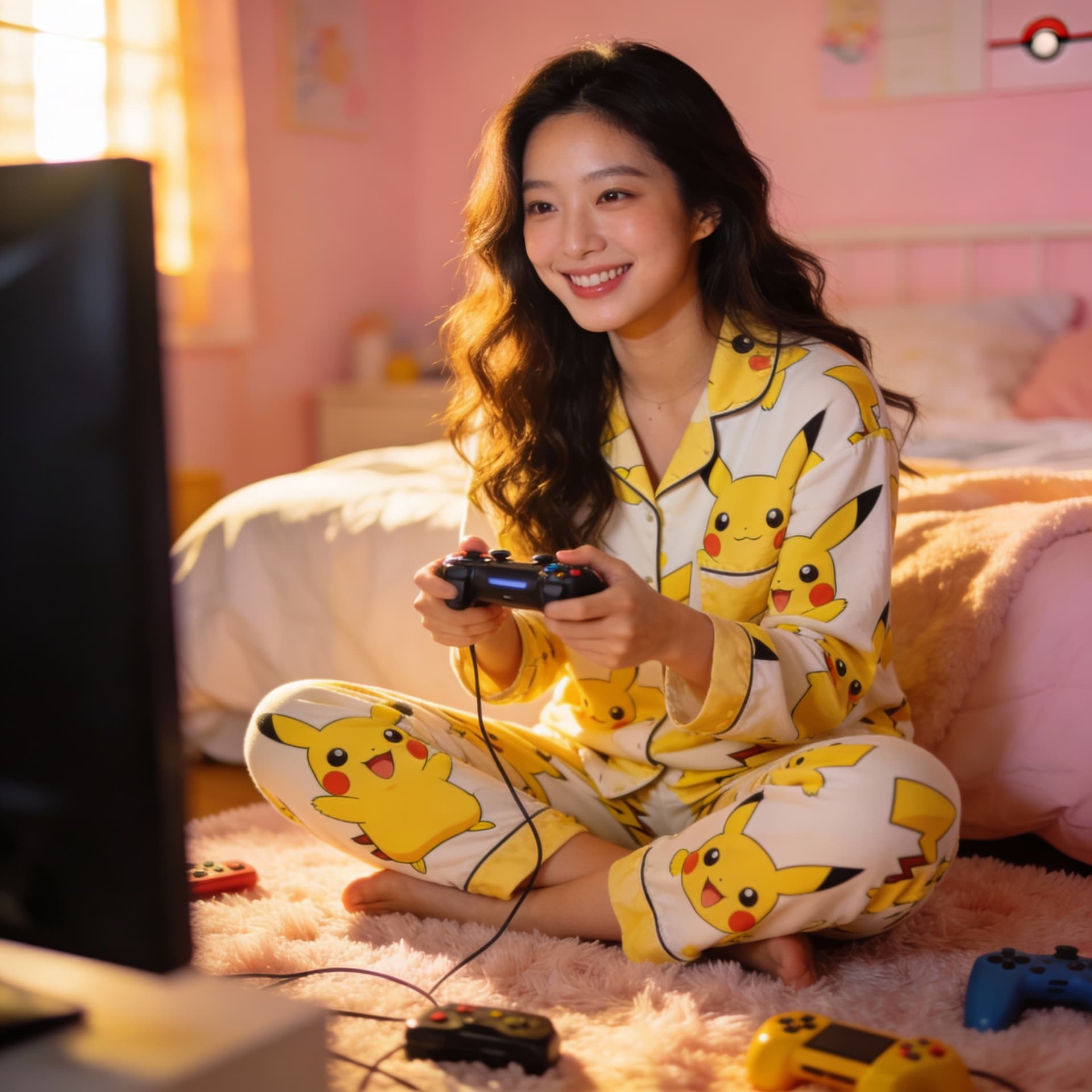 AI generated: 25 year old stunning half-korean woman, dressed in pokemon pajamas playing video game in her bedroom...