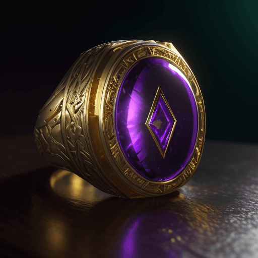 AI generated: Ring on the table with the design and character of thanos The Ring is gold and purple dark, no water...