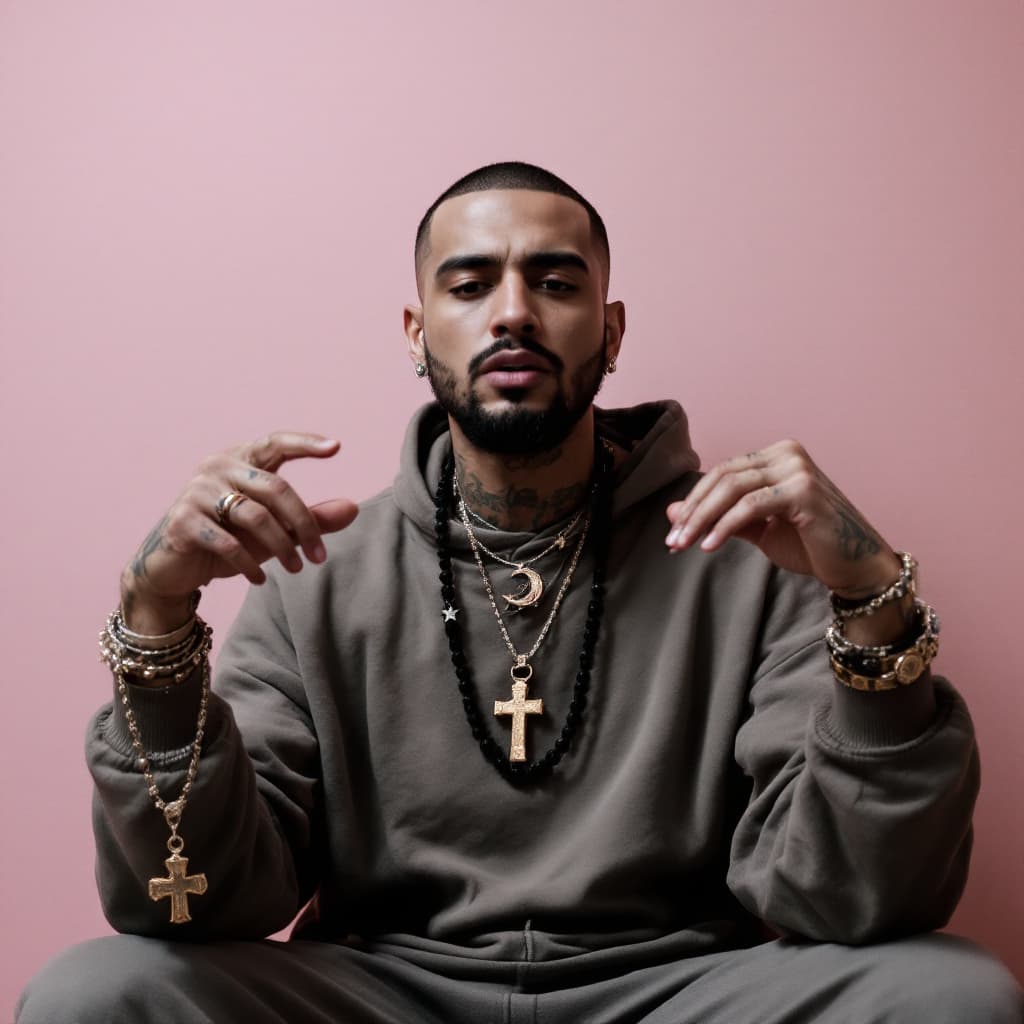 AI generated: A rap artist with rosaries and jewelry around his neck and hands. His legs are not in the frame. He ...