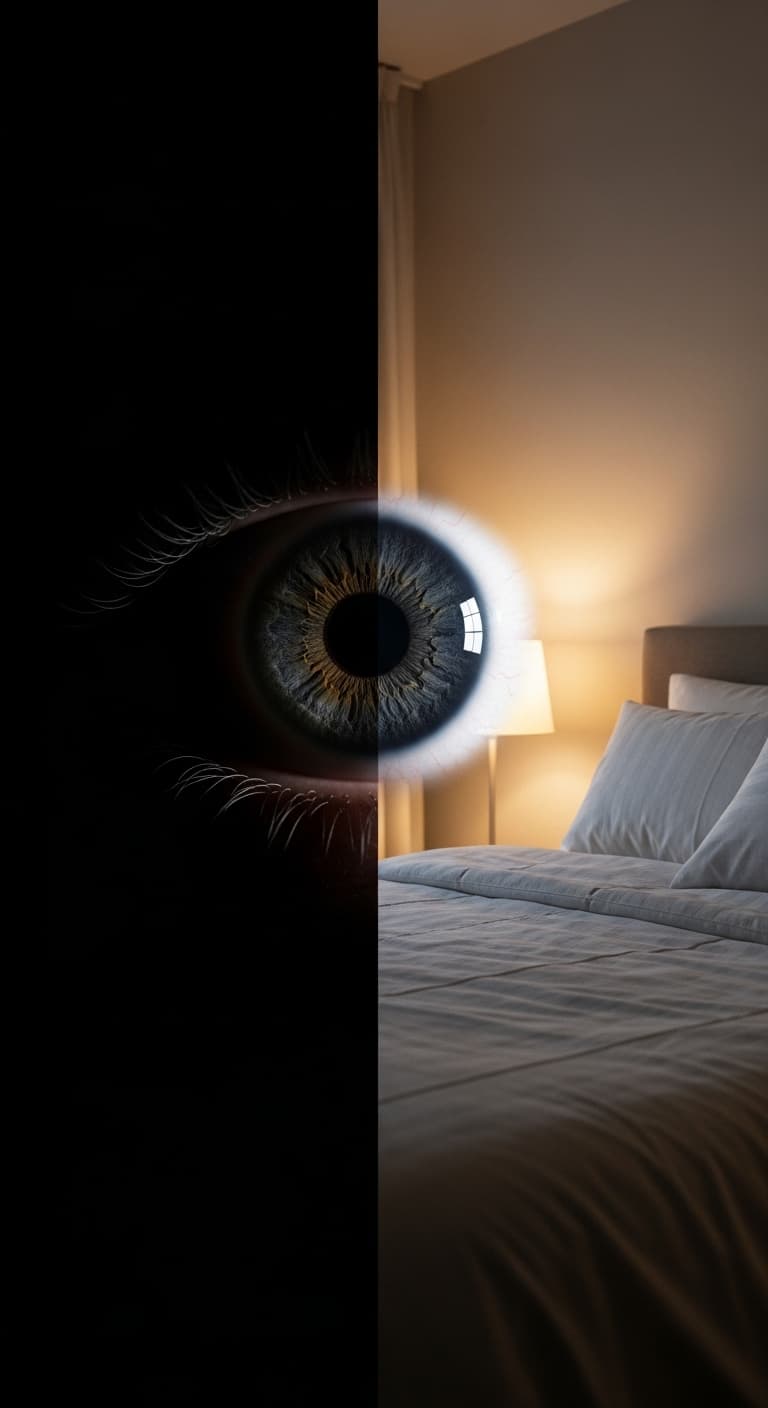 AI generated: Split scene, left side open eye in darkness, right side peaceful bed with soft light, choice concept...