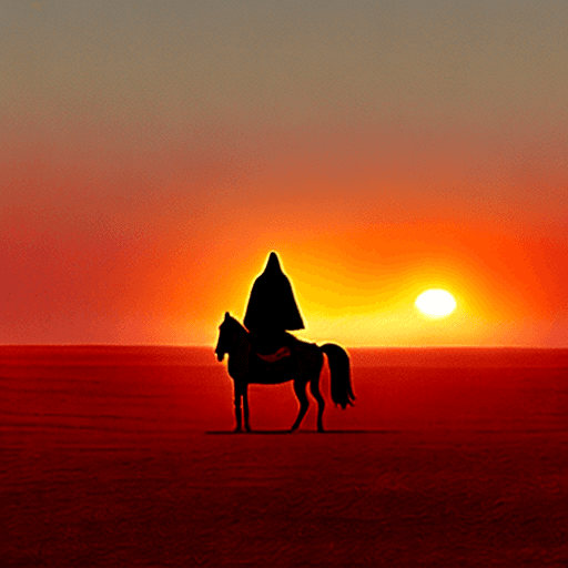 AI generated: far away, in the center, an Arabic man from behind wearing a cloak, sitting on a white horse, standi...