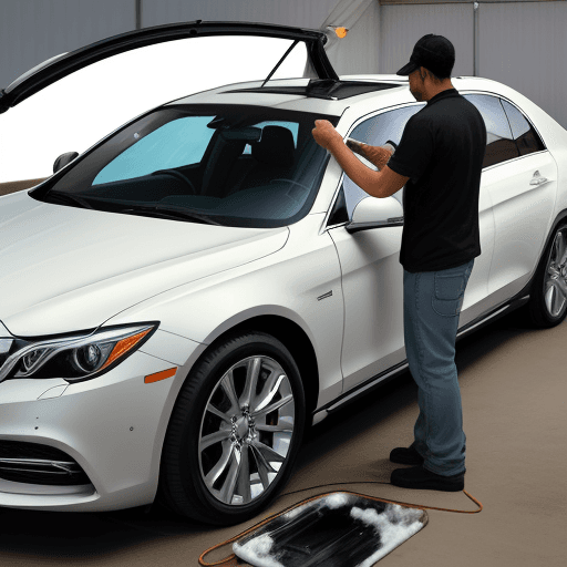AI generated: A man doing mobile auto detailing on a luxury vehicle 
