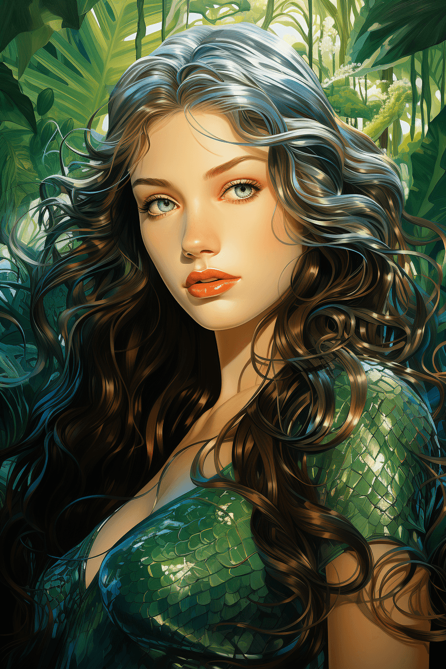 AI generated: A graceful mermaid with shimmering emerald and aqua pearl scales detailed with lush tropical foliage...