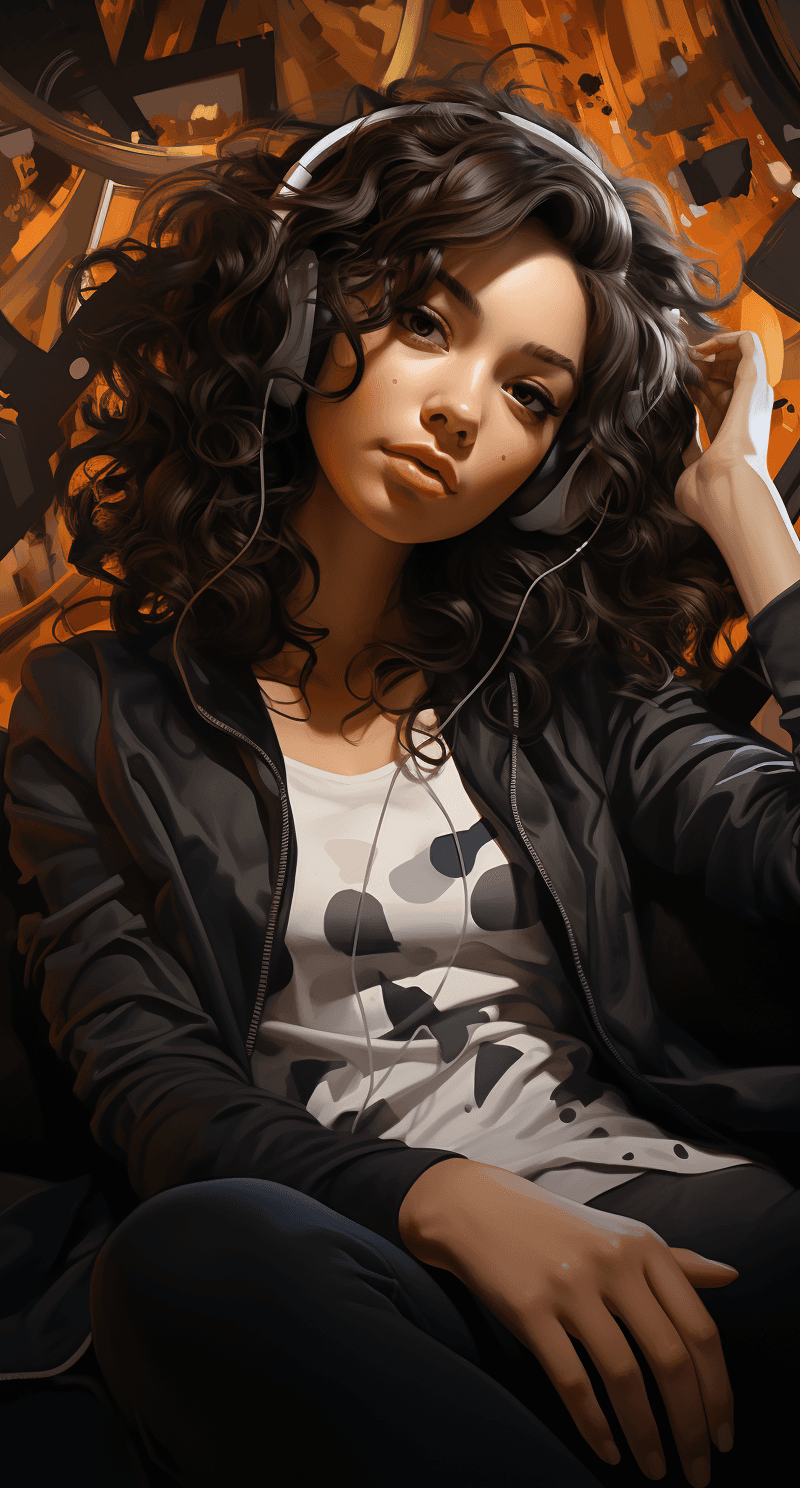 AI generated: a girl with curly hair sitting on the couch, in the style of indian pop culture, black and gray, hap...