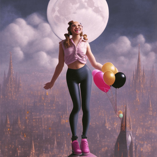 AI generated: full body, girl, woman, flying clown, pin-up, crowded city background, kind smile, happy, generous, ...