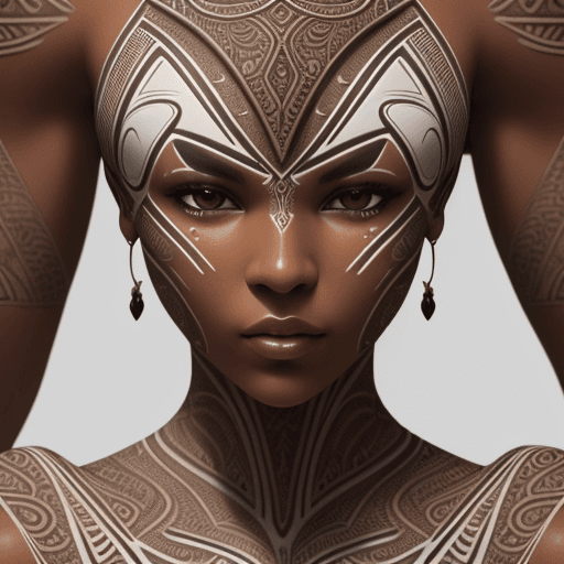 AI generated: intricate closeup shot, masterpiece, skin-tight body, tribal-suit, white-accent, detailed face featu...