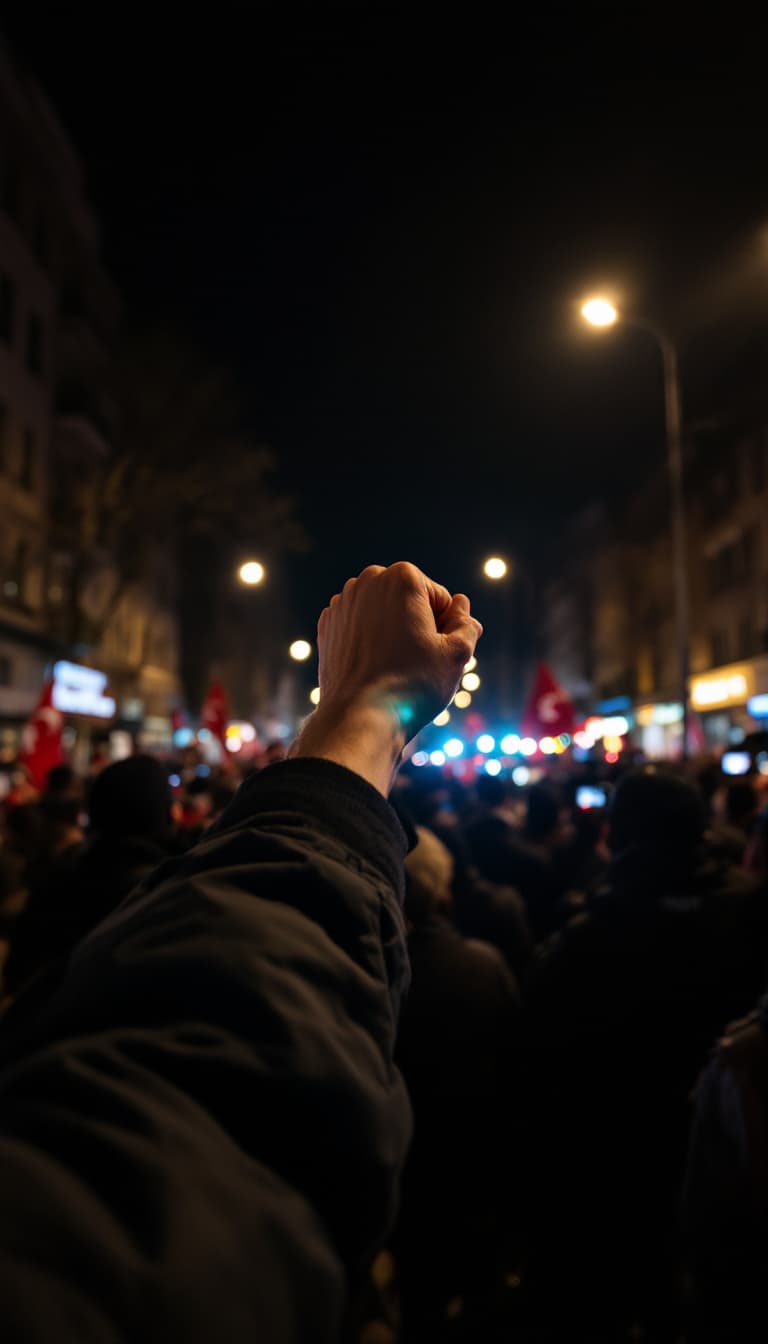 AI generated: POV, I am in a protest in Turkey, raising my fist to the sky. Only my hand is visible in the frame.
...