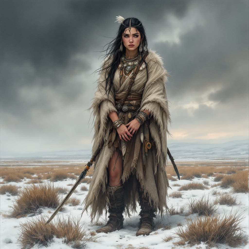 AI generated: Full body Illustration of an inuit woman, young, 18 years old, beautiful, native american phenotype,...