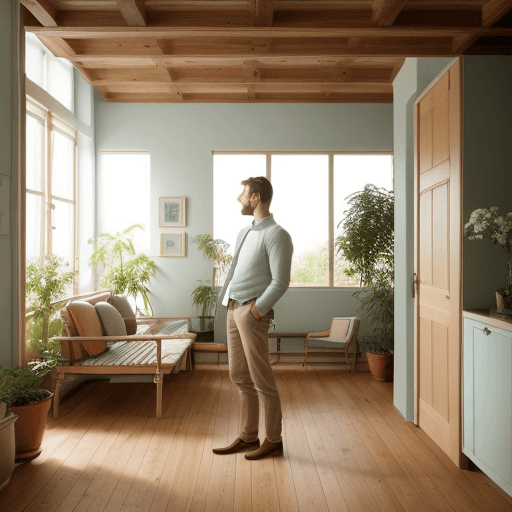 AI generated: High resolution photography interior design, intensely handsome man standing on a wooden floor, smal...