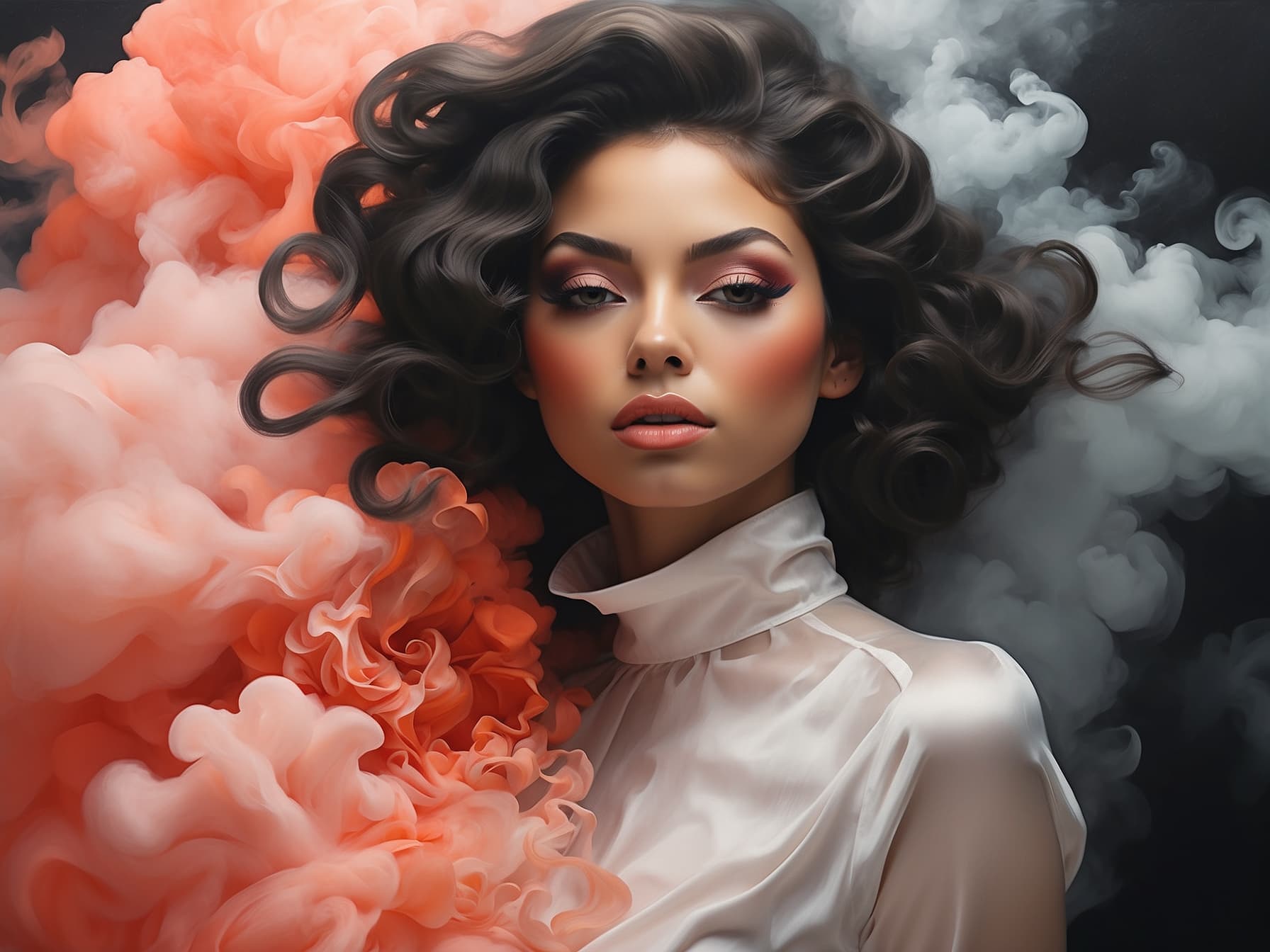 AI generated: portrait of a woman covered in cloud of smoke, whirlwind, coral highlight colors, coral make-up, hin...