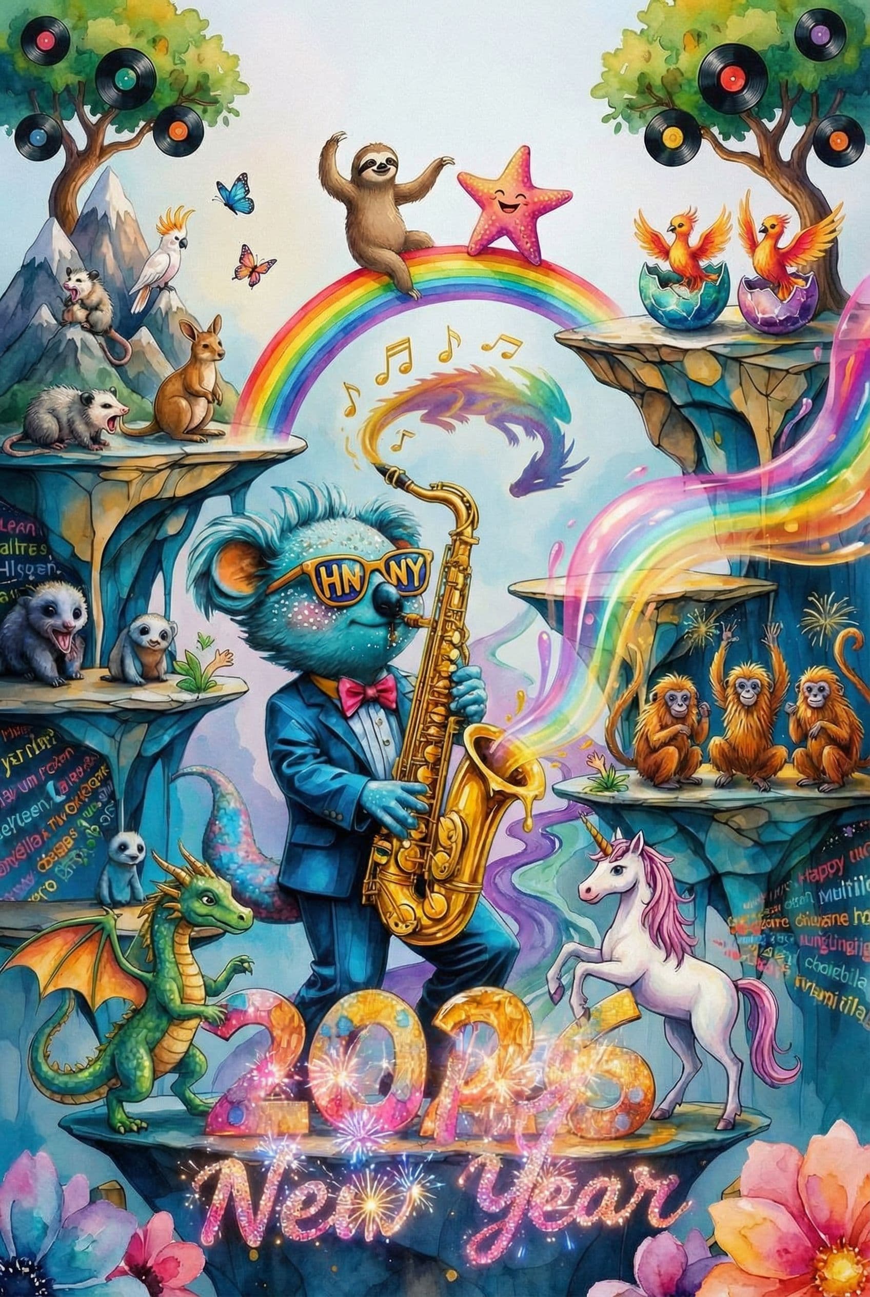AI generated: Generate an image of Happy New Year featuring A groovy pookah pollywoggle koala chibi saxophonist wi...