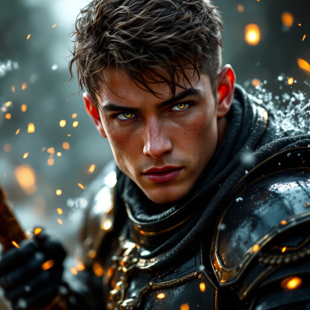 AI generated: photorealistic photo of a young male warrior, black armour plate with golden trim, black helmet, ful...