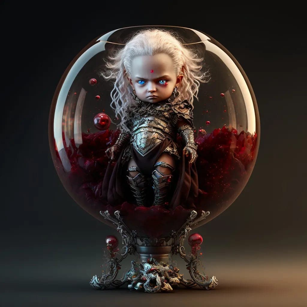AI generated: full body baby made of wine, gears, buttons, futuristic, fantastic, dark red and black pieces, red g...