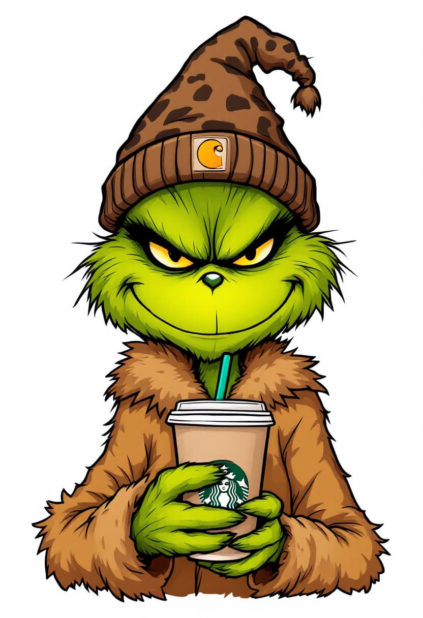 AI generated: 
The Grinch, depicted as a cartoon character, is holding a Starbucks coffee cup. He wears a brown, l...