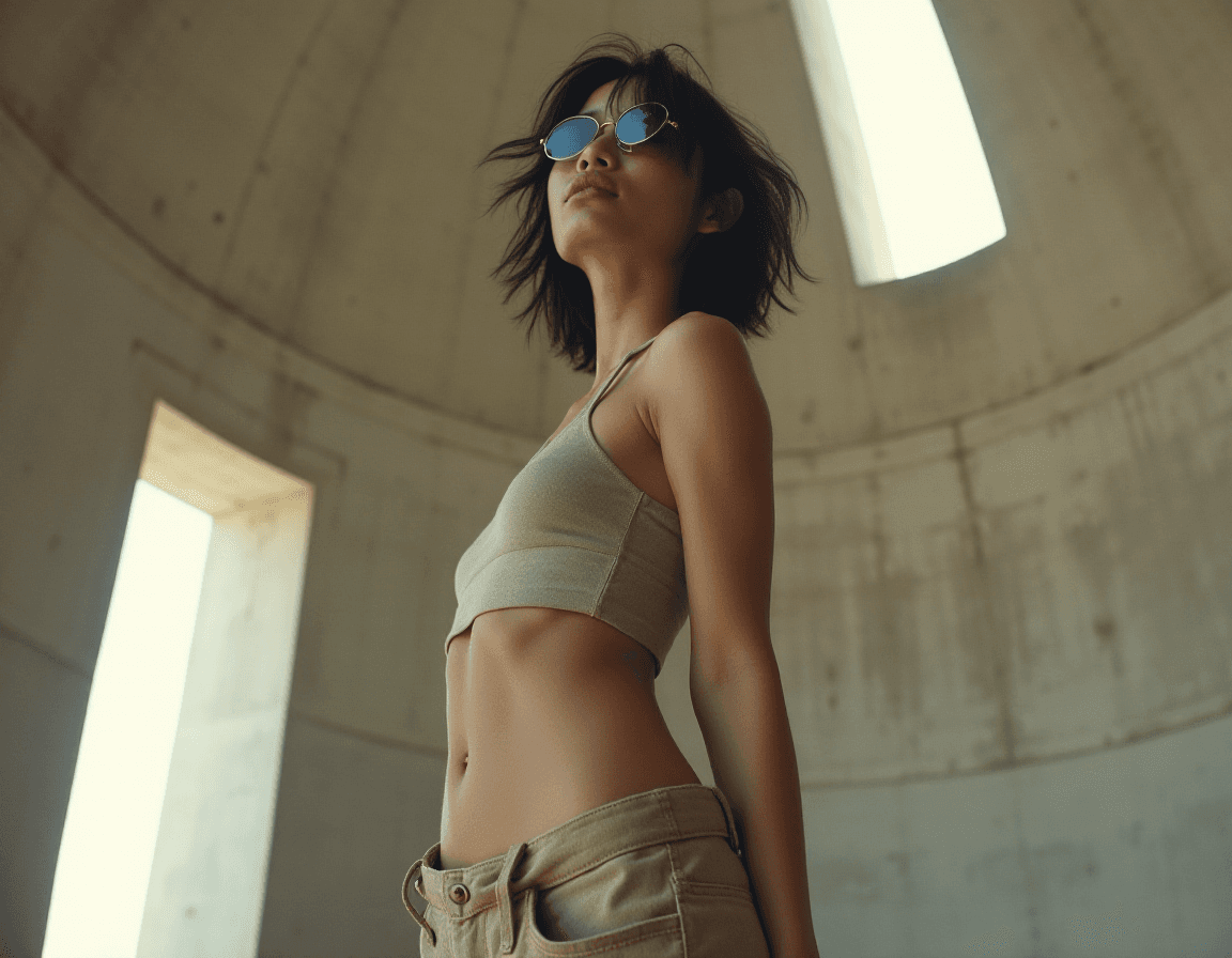 AI generated: High fashion photo of a slim, small breast, flat chest, abs, young asian female supermodel, with sho...