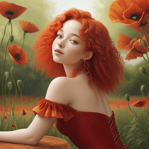 AI generated: Textured oil painting women with curly red hair sitting on your back, Her dress is delicately formed...