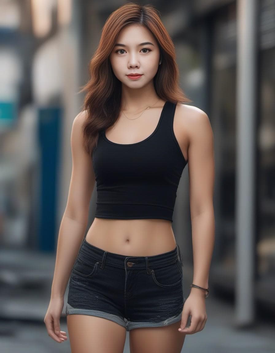 AI generated: blonde hair , black tank top, lifting shirt up,  shorts, standing in public, (highly detailed clothe...