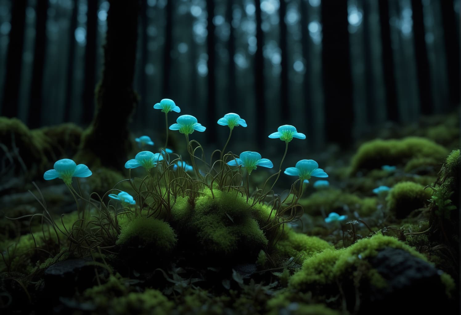 AI generated: RAW photo of, wild flowers, bioluminescent, in a dark forest, moss, volumetric lighting, landscape p...