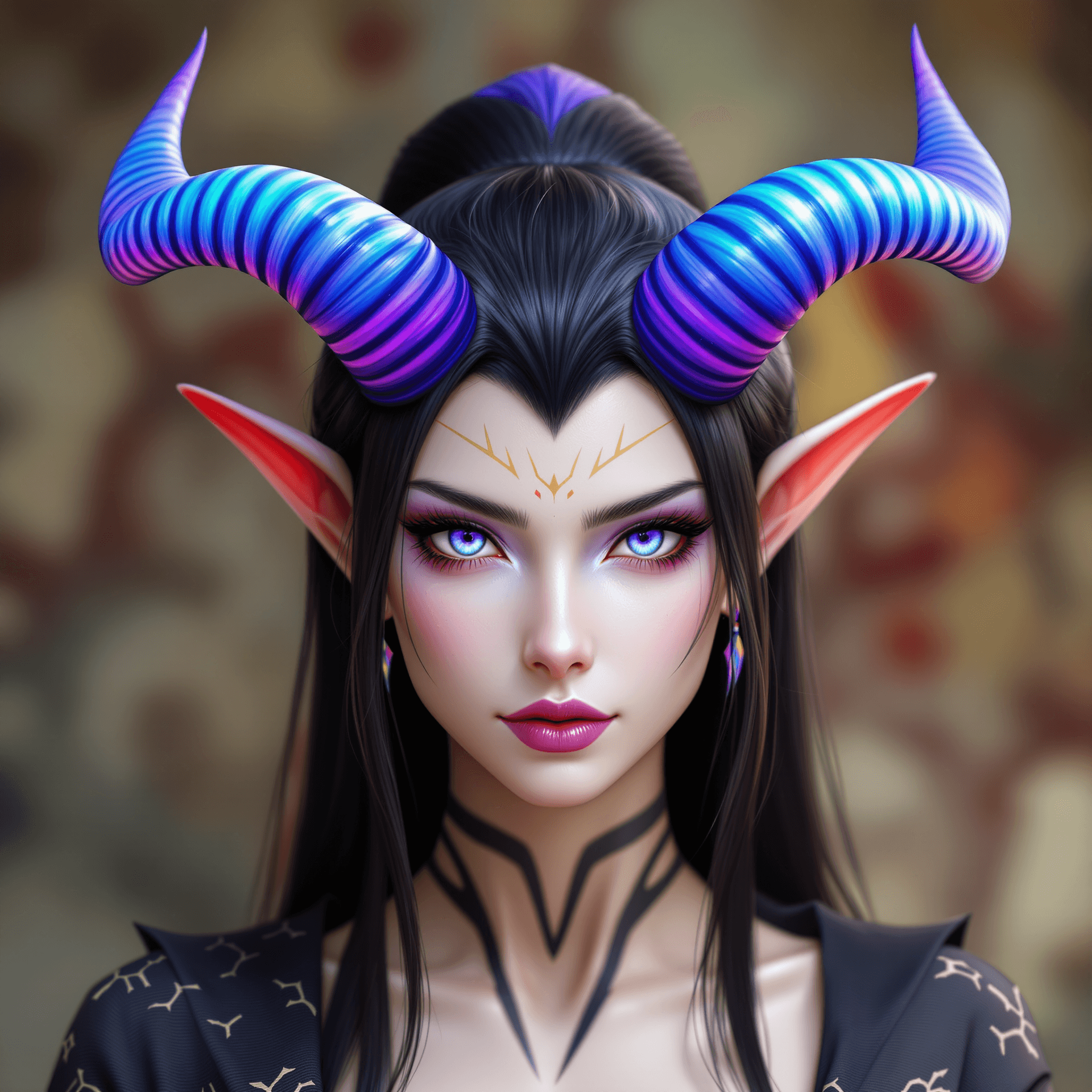 AI generated: A beautiful female Japanese Oni, with two color gradient horns, Blue with purple tips.