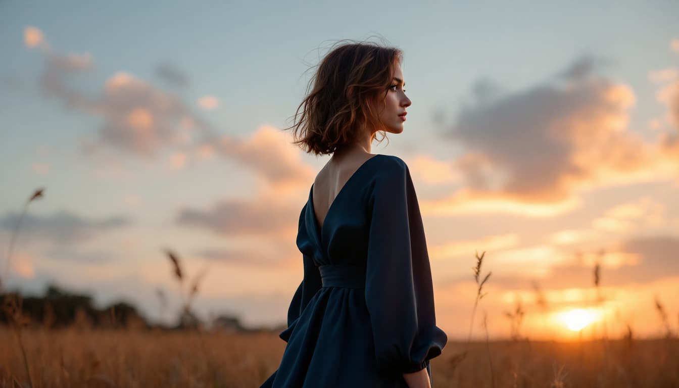 AI generated: Estilo tipo inspirador. 

Paisaje: campo al atardecer. 

Una mujer con el cabello suelto y libre (si...