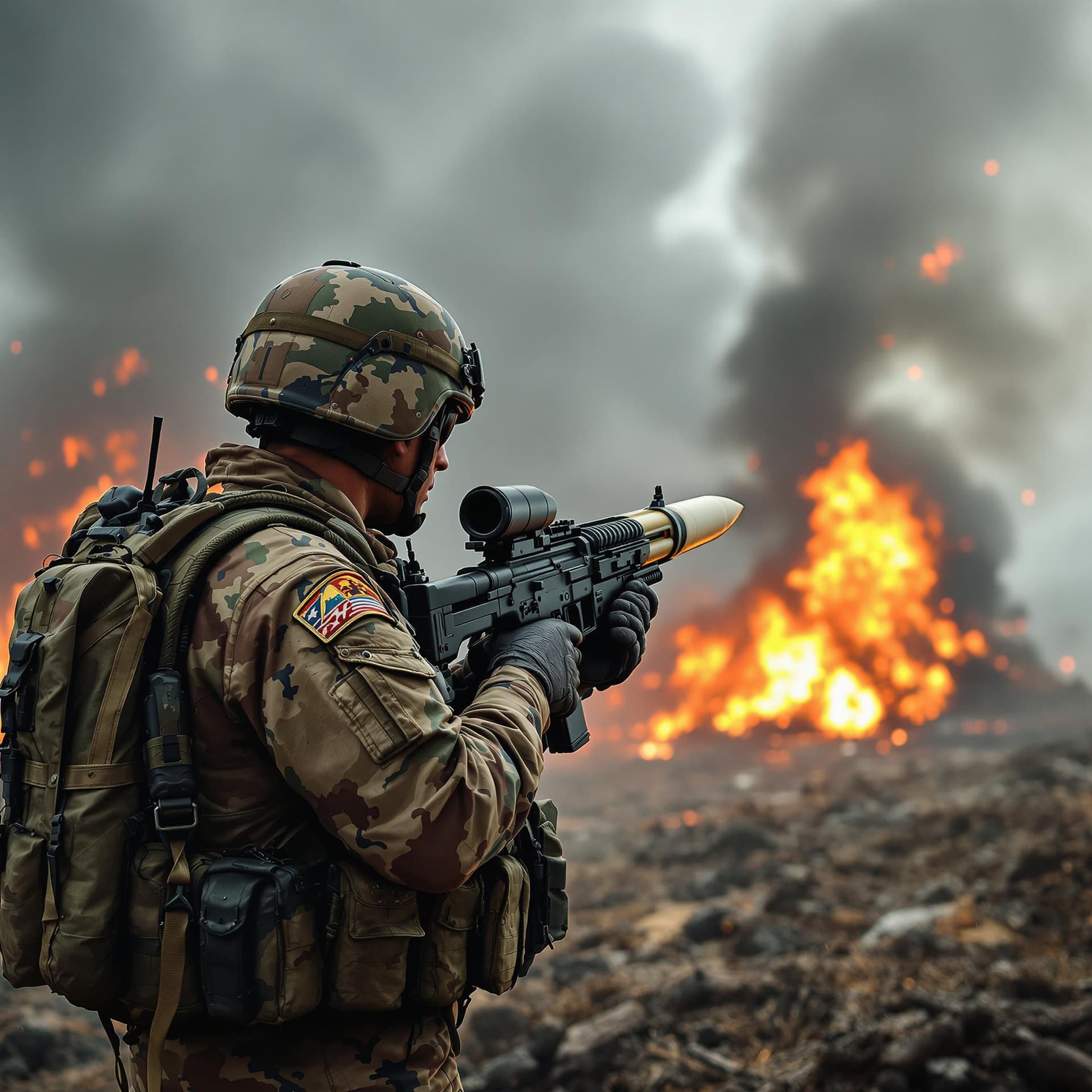 AI generated: a photo realistic image with a war going on behind an army personnel holding a rocket launcher
