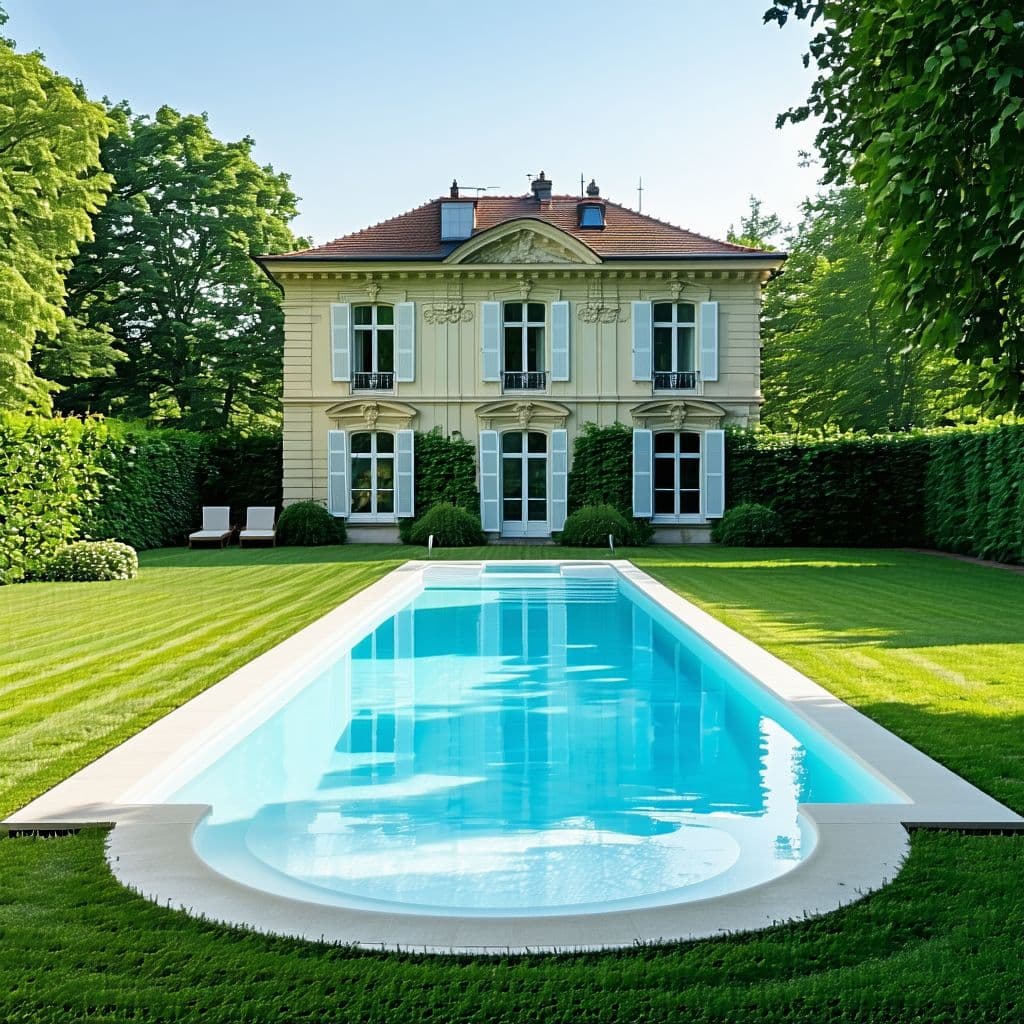 AI generated: pool in the garden of a vintage mansion