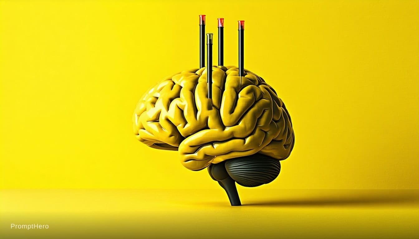 AI generated: Minimalism in style. A brain with tubes inserted into it. The colors are yellow, black, and a little...