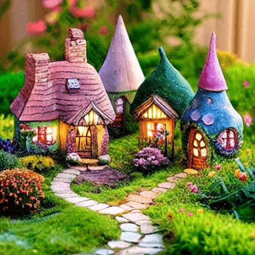AI generated: Fairy village buildings inspired by Thomas Kinkade's artwork, beautiful and luminous artwork of coun...