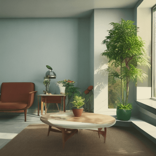 AI generated: environment living room interior, mid century modern, indoor garden with fountain, retro,m vintage, ...