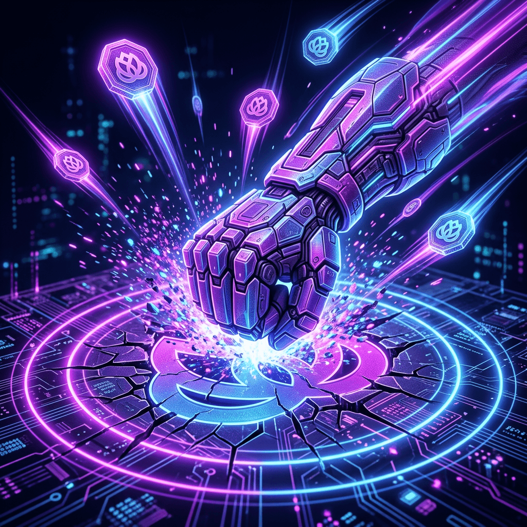 AI generated: Futuristic energy fist slamming down on a glowing platform,
  shockwave ripples and particle explosi...