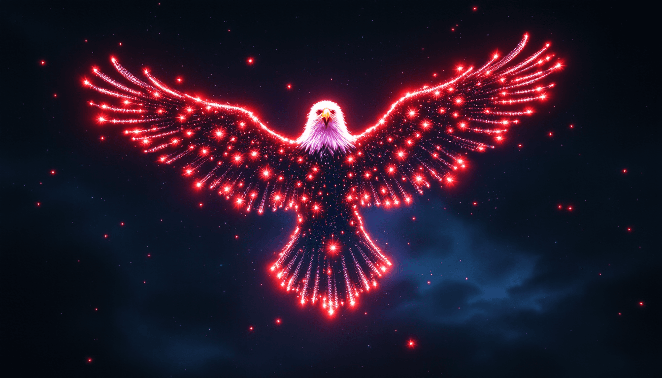 AI generated: 4K, photorealistic image of a 4th of July drone show with the drones in the formation of a huge bald...