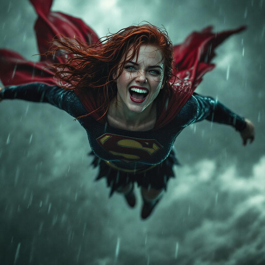 AI generated: Laura lynn flying through heavy rain, realistic lighting and atmosphere, wet hair clinging to her fa...