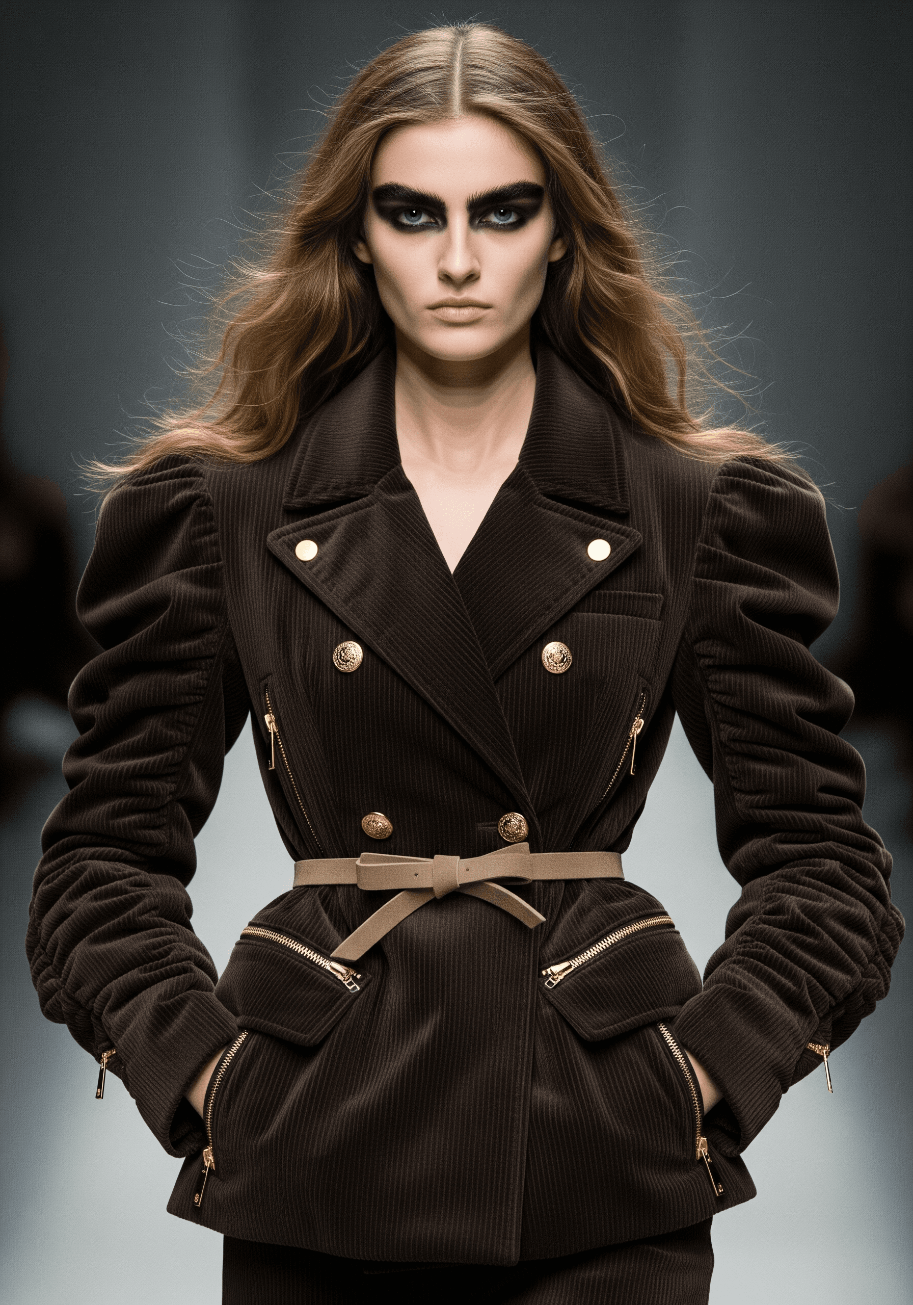AI generated: (Imagen 4) A high-fashion runway photography shot of a model with bold, dark eyebrows and honey-blon...