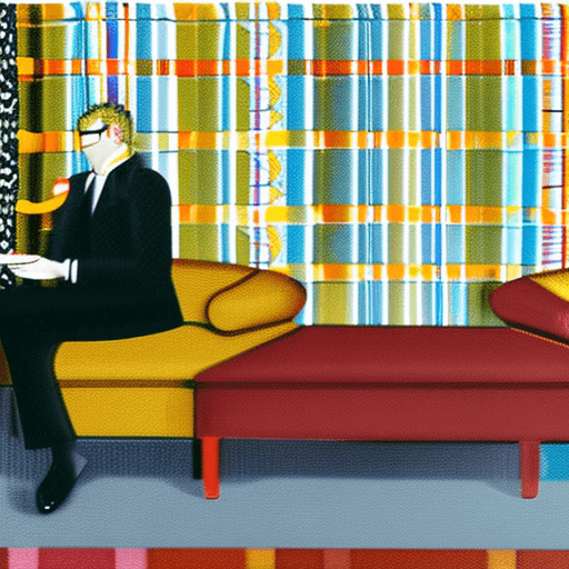 AI generated: White male, dressed in black suit jacket and tie eating soup sitting on a yellow Sofa. Hiperrealisti...