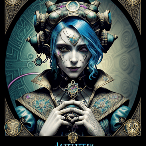 AI generated: tarot card with intricate detailed frame around the outside |portrait of cyberpunk head with jester ...