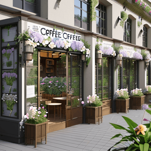 AI generated: The design of the exterior and exterior of the open coffee shop, inside a large garden, with many fl...
