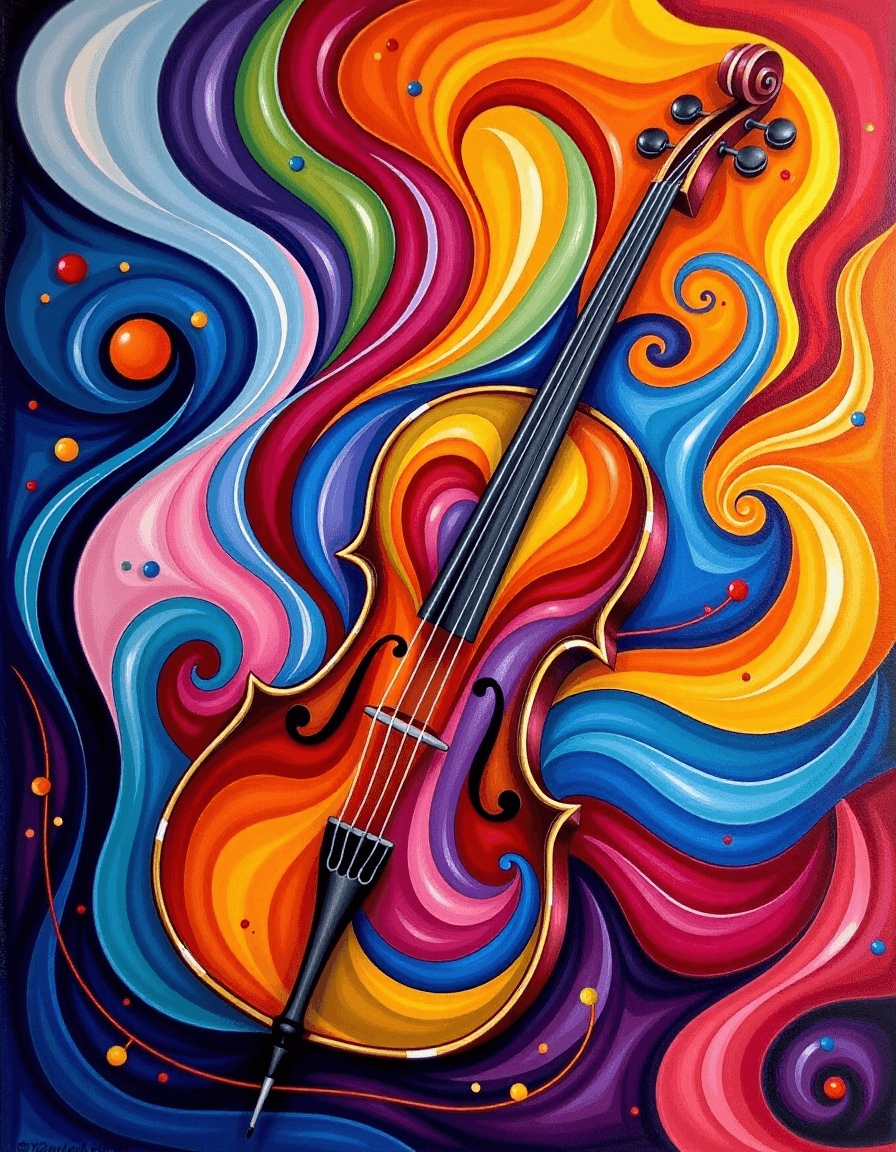 AI generated: "A symphony of colors and shapes representing the sound of a cello, with flowing lines, deep hues, a...