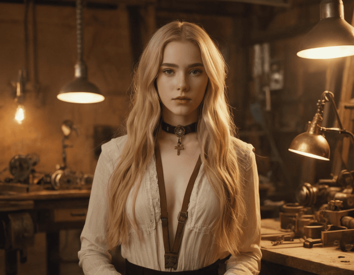 AI generated: a 22 year old girl stands at a workbench in a golden light-flooded workshop, she has blonde long hai...