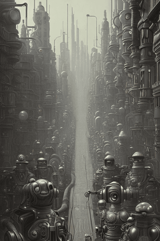AI generated: A retro-futuristic 12th century city street, strange beings with bright black heads and highly artic...