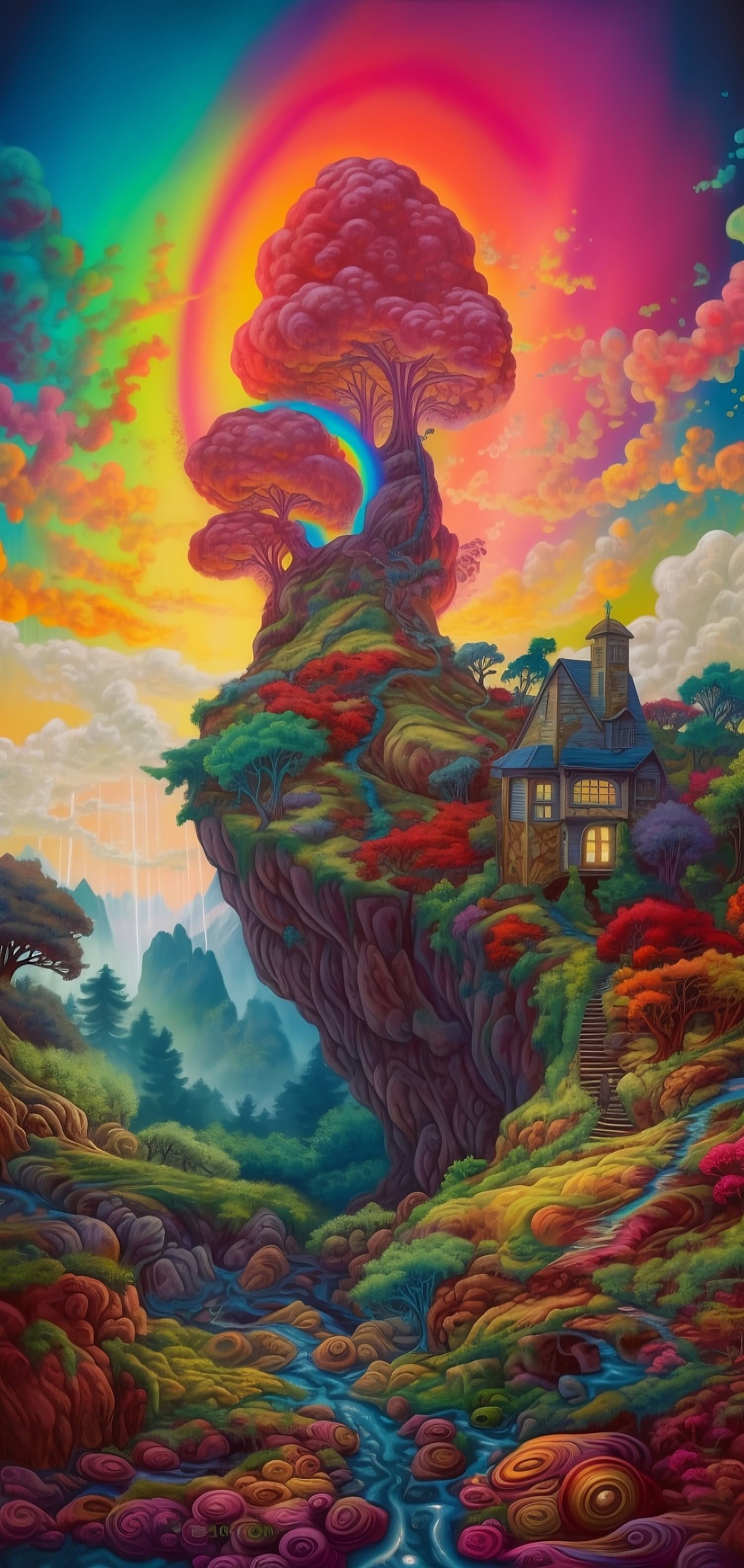 AI generated: a psychedelic surrealism landscape --ar 9:19 --v 5