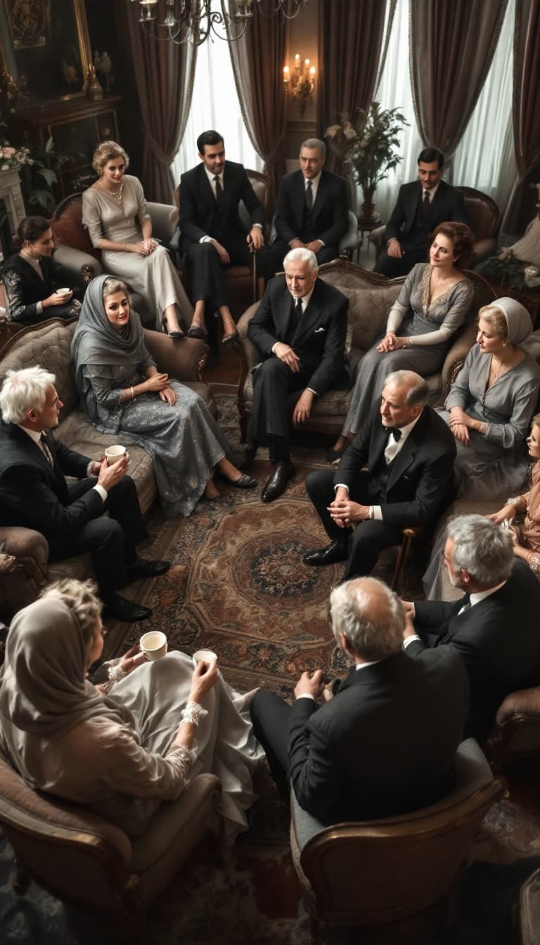 AI generated: high-angle shot of a 1950s Iranian engagement gathering in a spacious, well-decorated traditional ho...