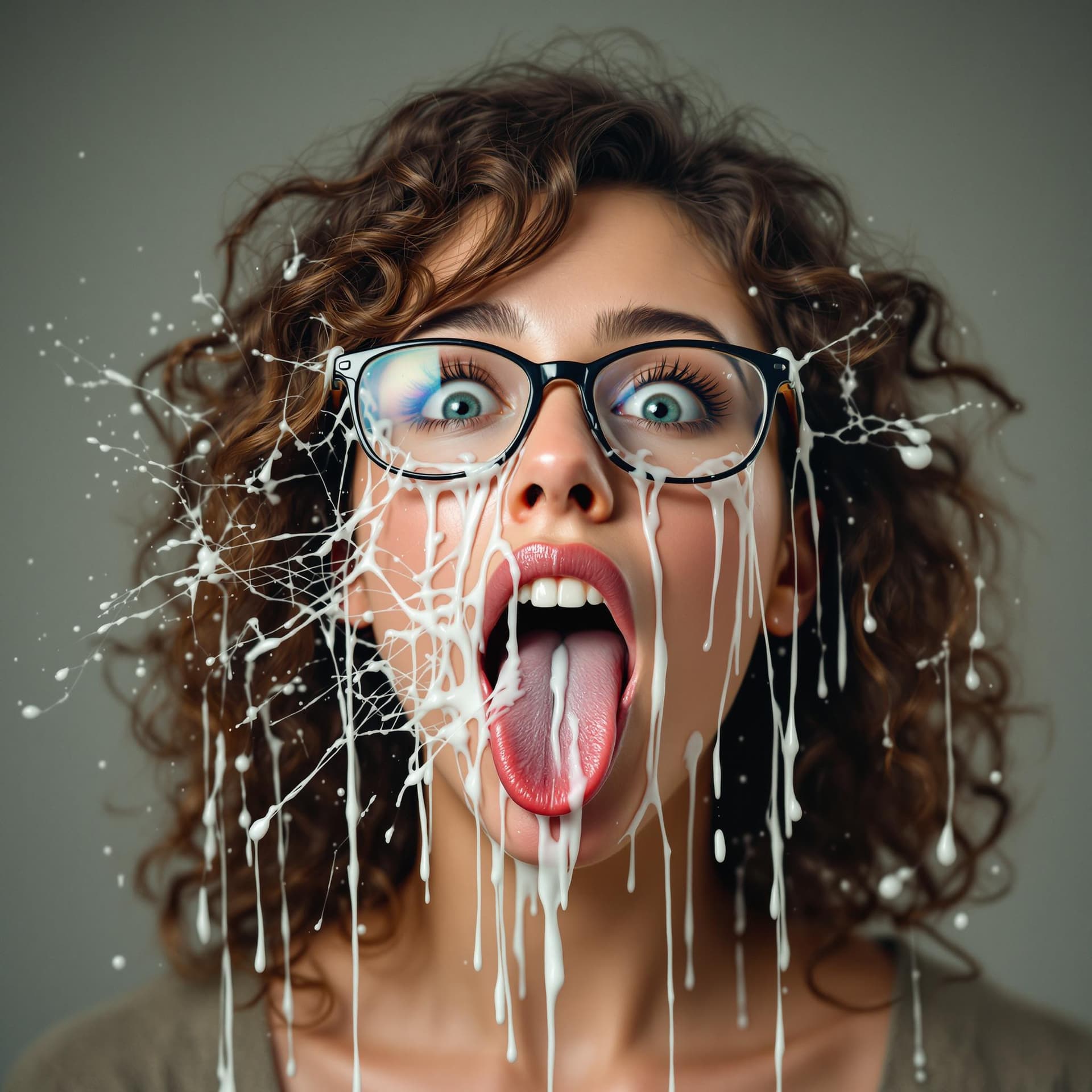 AI generated: Photorealistic, beautiful Amateur Girl, 45 years old, Brown curly Hair, wearing glasses, open mouth,...