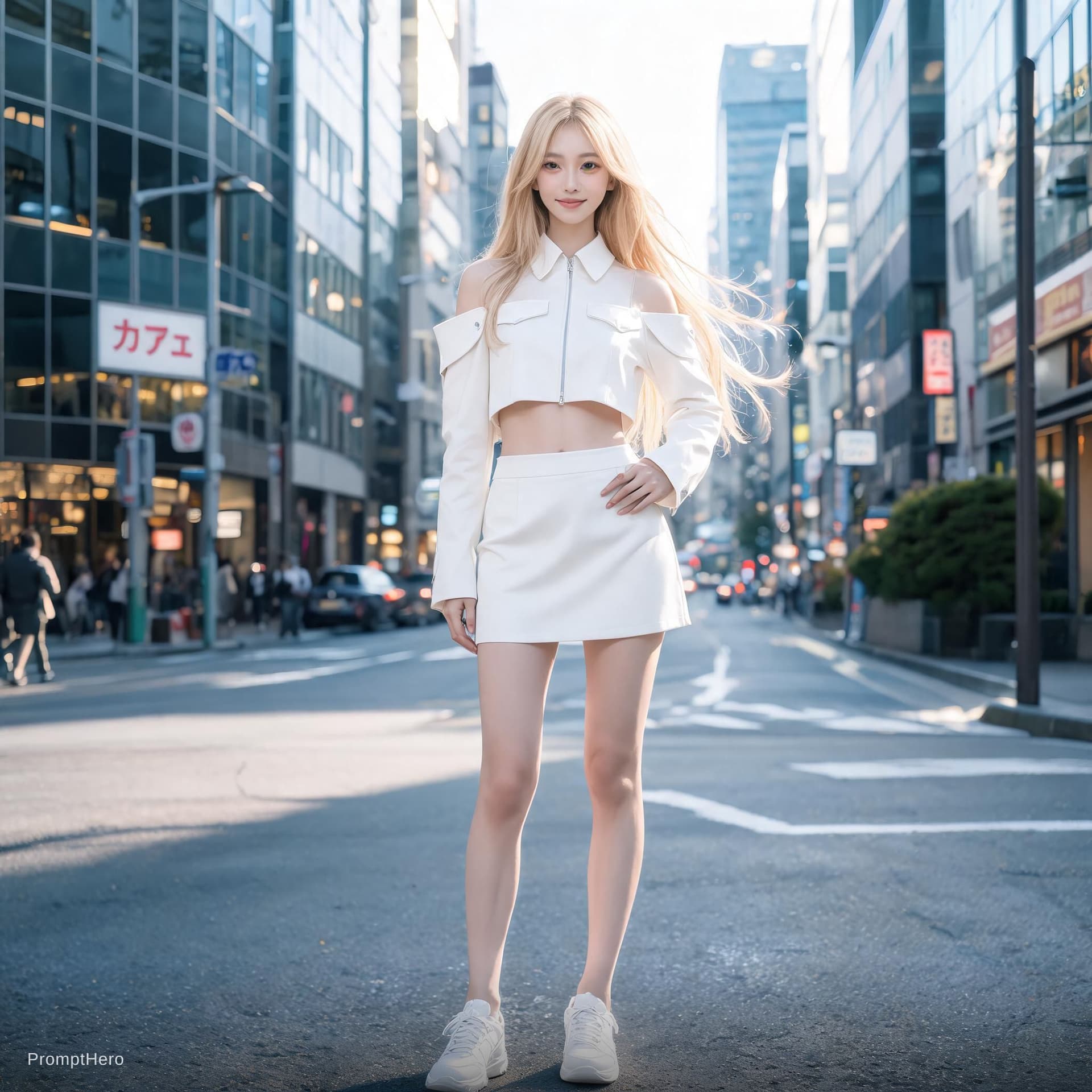 AI generated: “A beautiful fashionable young woman standing on a modern city street, wearing an elegant all-white ...