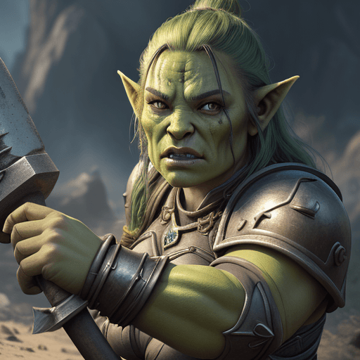 AI generated: Photo of a clothed, realistic orc woman, young, green skin, pretty, wearing armor with sun on it, ho...