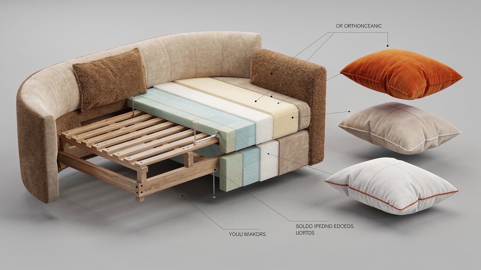 AI generated: A detailed 3D exploded view diagram of a luxury curved sofa. The composition deconstructs the sofa l...