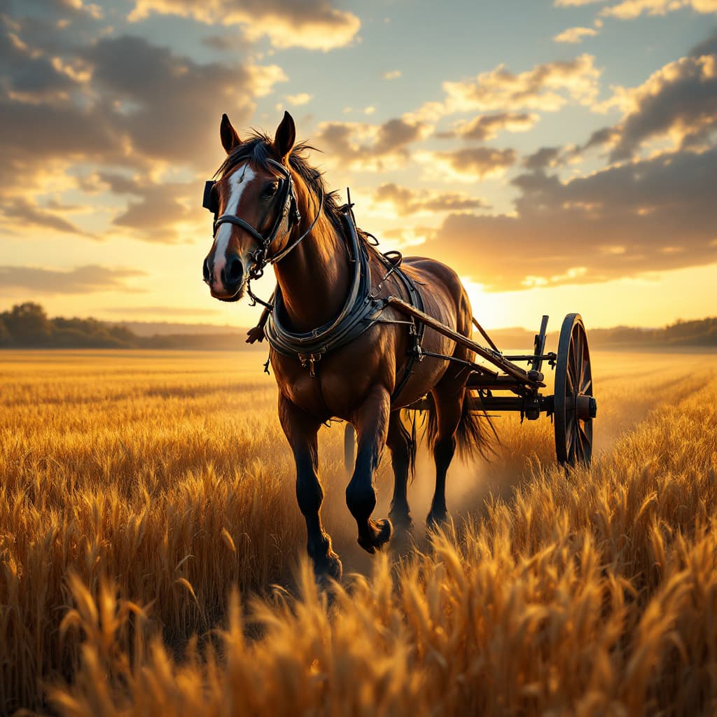 AI generated: "A muscular draft horse pulling a wooden plow through a golden wheat field at sunrise"