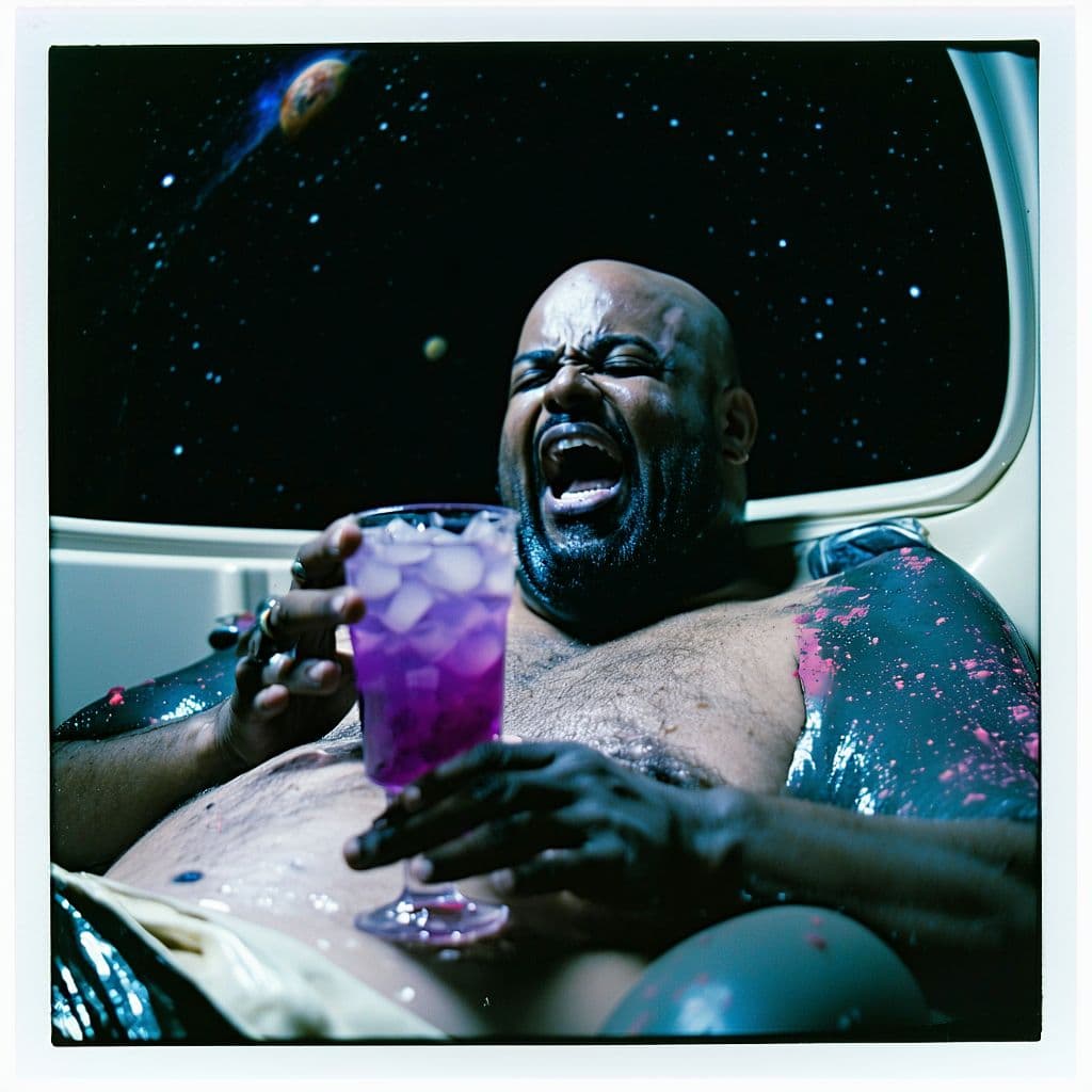 AI generated: grainy 80's photograph quality polaroid of big fat bald neurotic fearful black man floating into a b...
