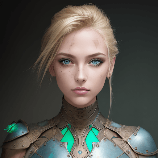 AI generated:  front direct view portrait of blond woman head, brown eyes, metalic skin, disappearing into the pat...