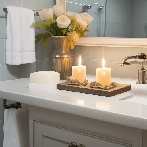 AI generated: High resolution photography, bright bathroom on the main plan a table with soap and scented candles