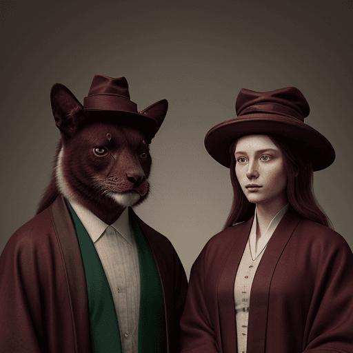 AI generated: a picture of two people, wearing cloth hats and robes, in the style of realistic animal portraits, u...